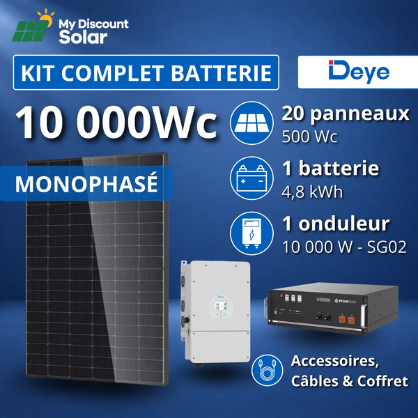 Kit Solaire Complet 10000W Monophasé Deye + Batterie 4,8kWh Pylontech