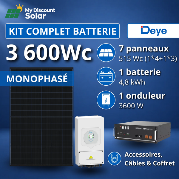 Kit Solaire Complet 3600W Monophasé Deye + Batterie 4,8kWh Pylontech