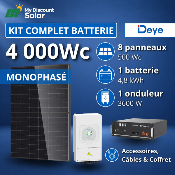 Kit Solaire Complet 4000W Monophasé Deye + Batterie 4,8kWh Pylontech