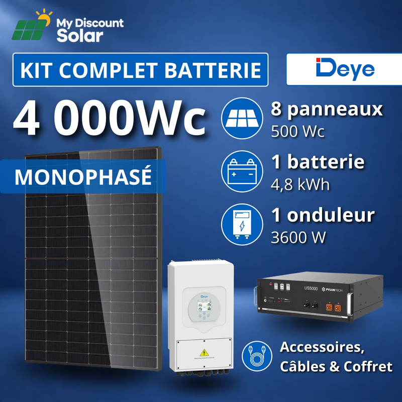 Kit Solaire Complet 4000W Monophasé Deye + Batterie 4,8kWh Pylontech
