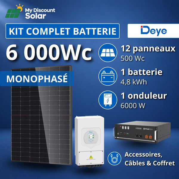 Kit Solaire Complet 6000W Monophasé Deye + Batterie 4,8kWh Pylontech