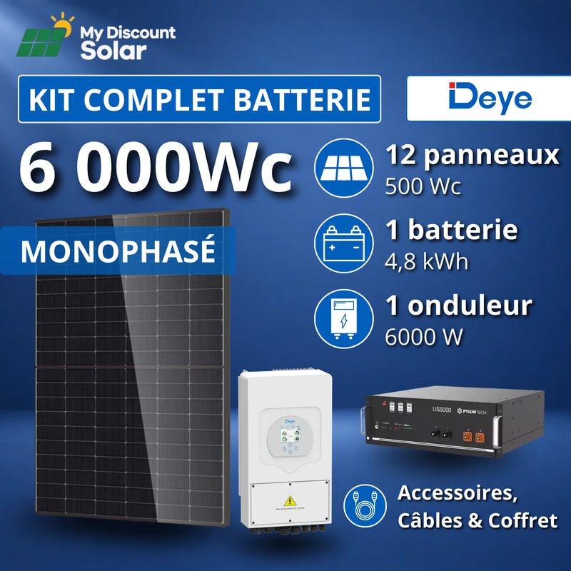 Kit Solaire Complet 6000W Monophasé Deye + Batterie 4,8kWh Pylontech
