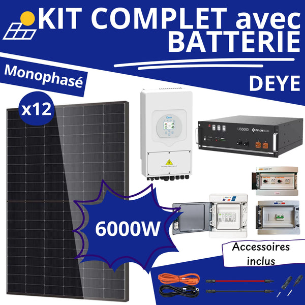Kit Solaire Complet 6000W Monophasé Deye + Batterie 4,8kWh Pylontech