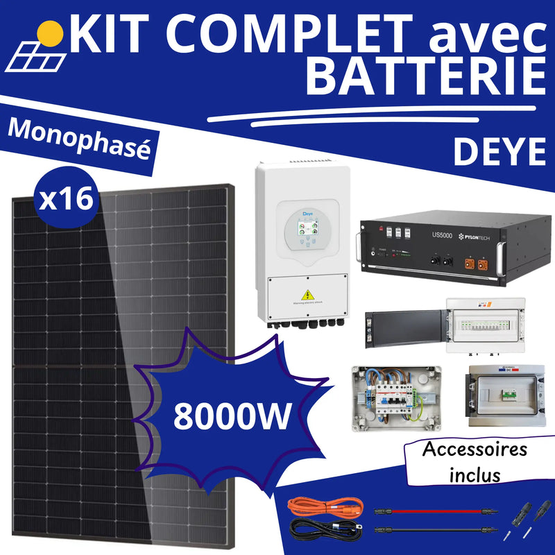 Kit Solaire Complet 8000W Monophasé Deye + Batterie 4,8kWh Pylontech
