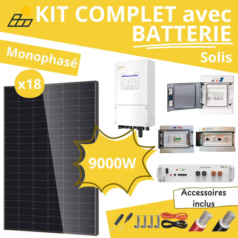 Kit Solaire Complet 9000W Monophasé - Solis + Batterie Pytes 5.12kWh