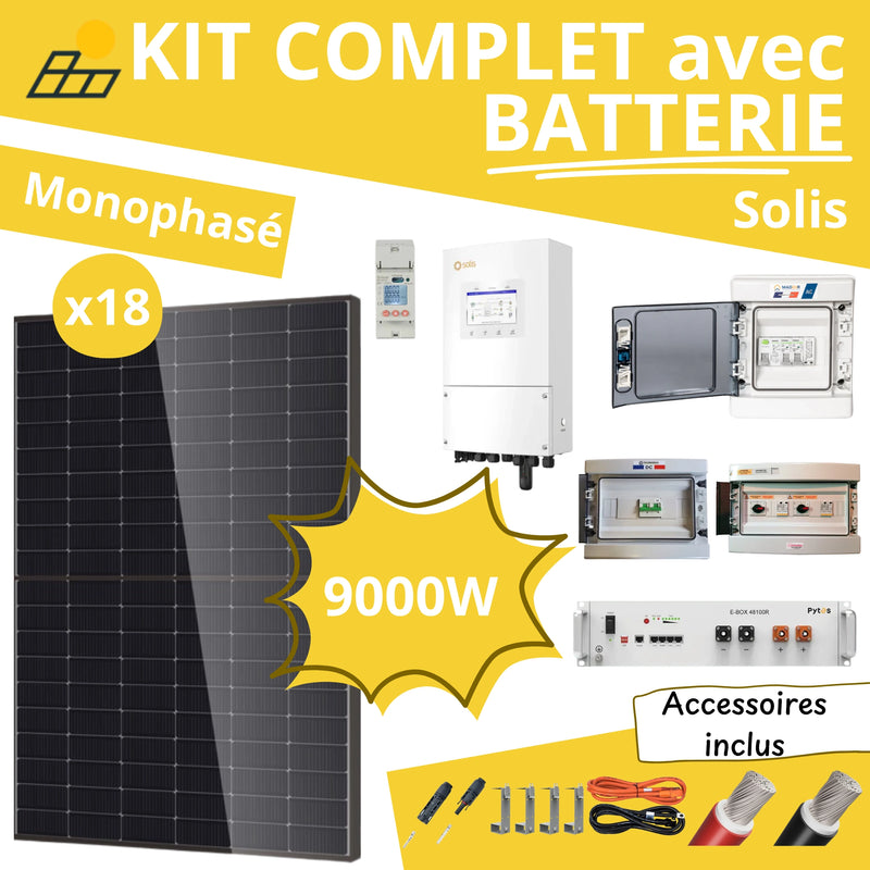 Kit Solaire Complet 9000W Monophasé - Solis + Batterie Pytes 5.12kWh
