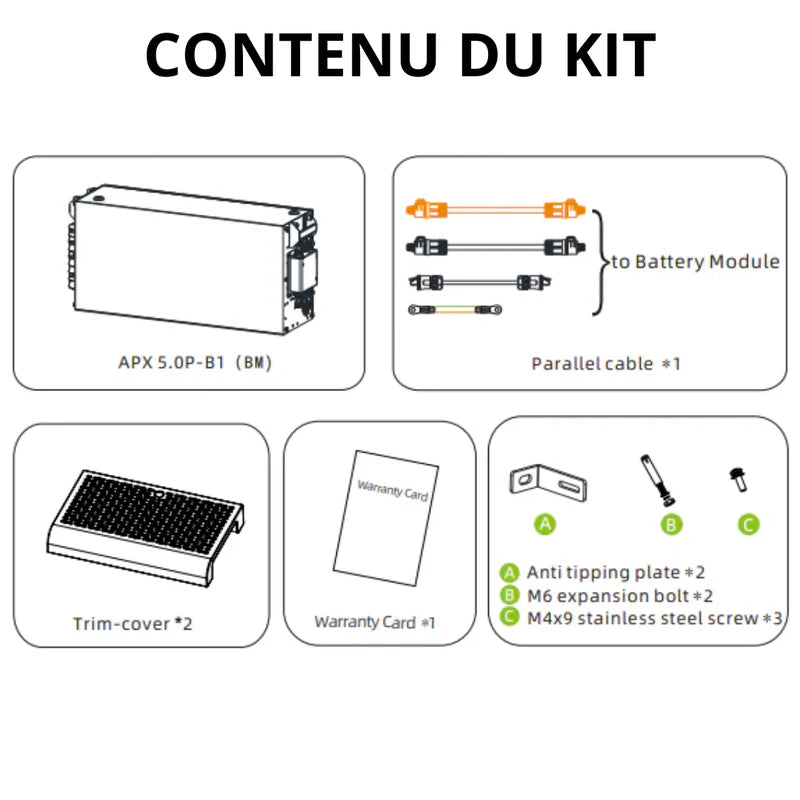 contenu du kit Growatt - Système de stockage complet Growatt APX - 5kWh à 20kWh - Série MIN-XH