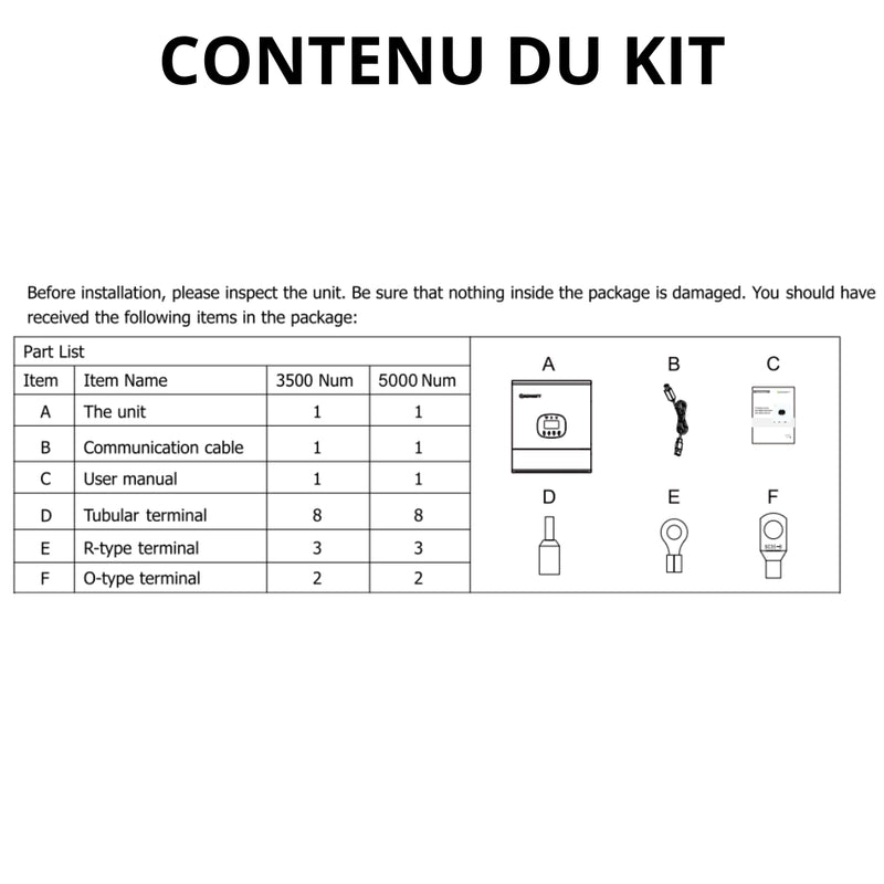 Contenu Growatt - Onduleur hybride monophasé 5000W (pour batterie basse tension) - SPE5000TL HVM-G2